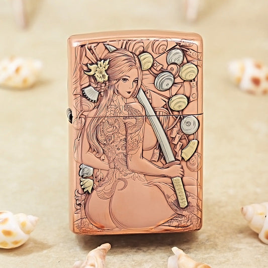 Zippo Copper Finish Intricate Engraved Female Warrior and Katana - CM13