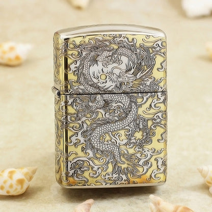 Zippo Gold and Argent Intricate Engraved Coiling Serpent in the Clouds - SC33