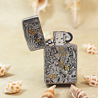 Zippo Solid Engraved Two-Finish Koi Fish and Turbulent Waves Case - CM14