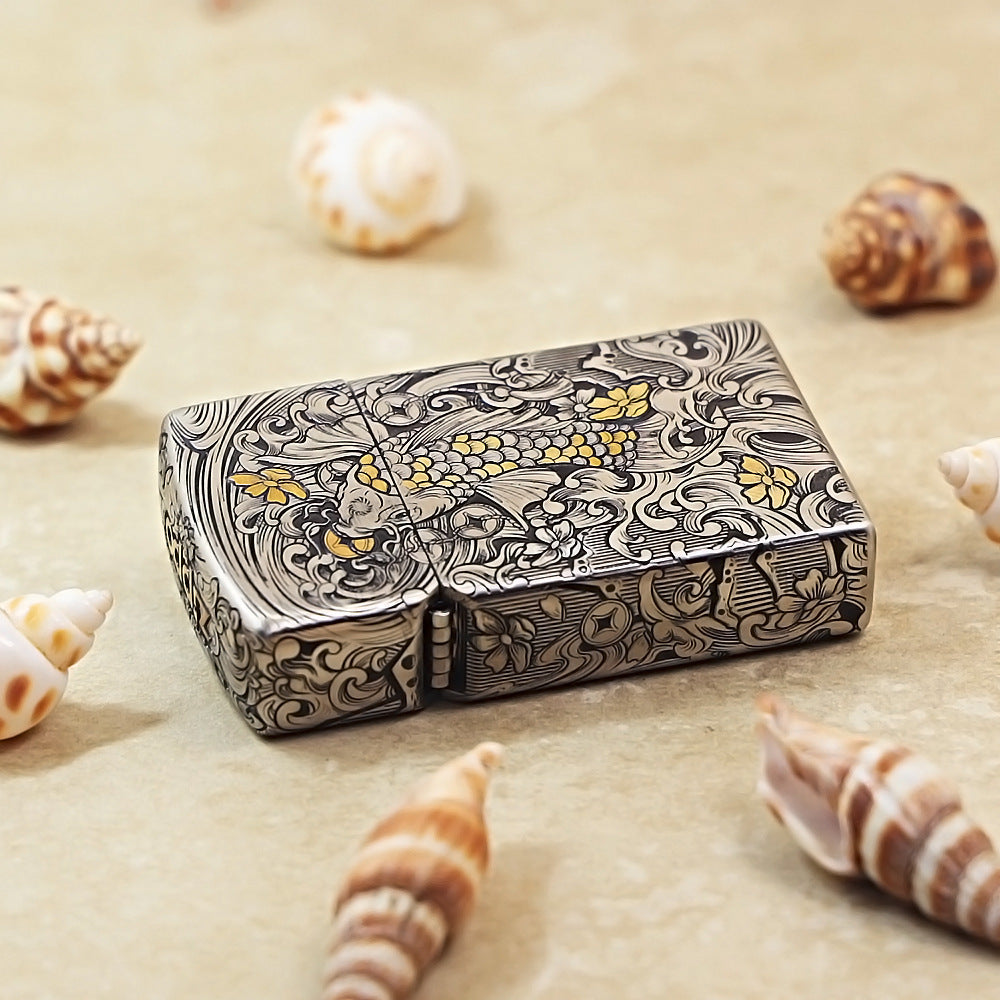 Zippo Solid Engraved Two-Finish Koi Fish and Turbulent Waves Case - CM14
