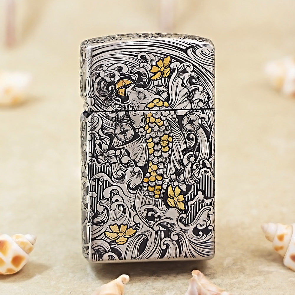 Zippo Solid Engraved Two-Finish Koi Fish and Turbulent Waves Case - CM14