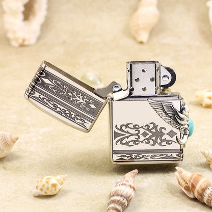 Zippo Solid Metal Side Eagle Wing with Turquoise - JP23