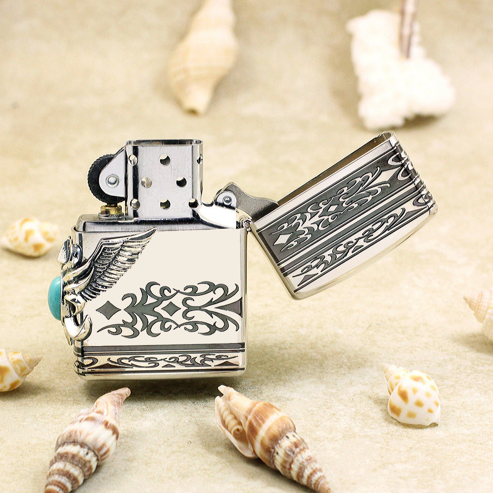 Zippo Solid Metal Side Eagle Wing with Turquoise - JP23