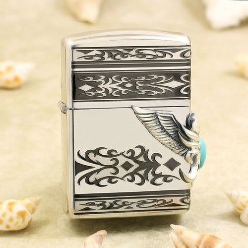 Zippo Solid Metal Side Eagle Wing with Turquoise - JP23