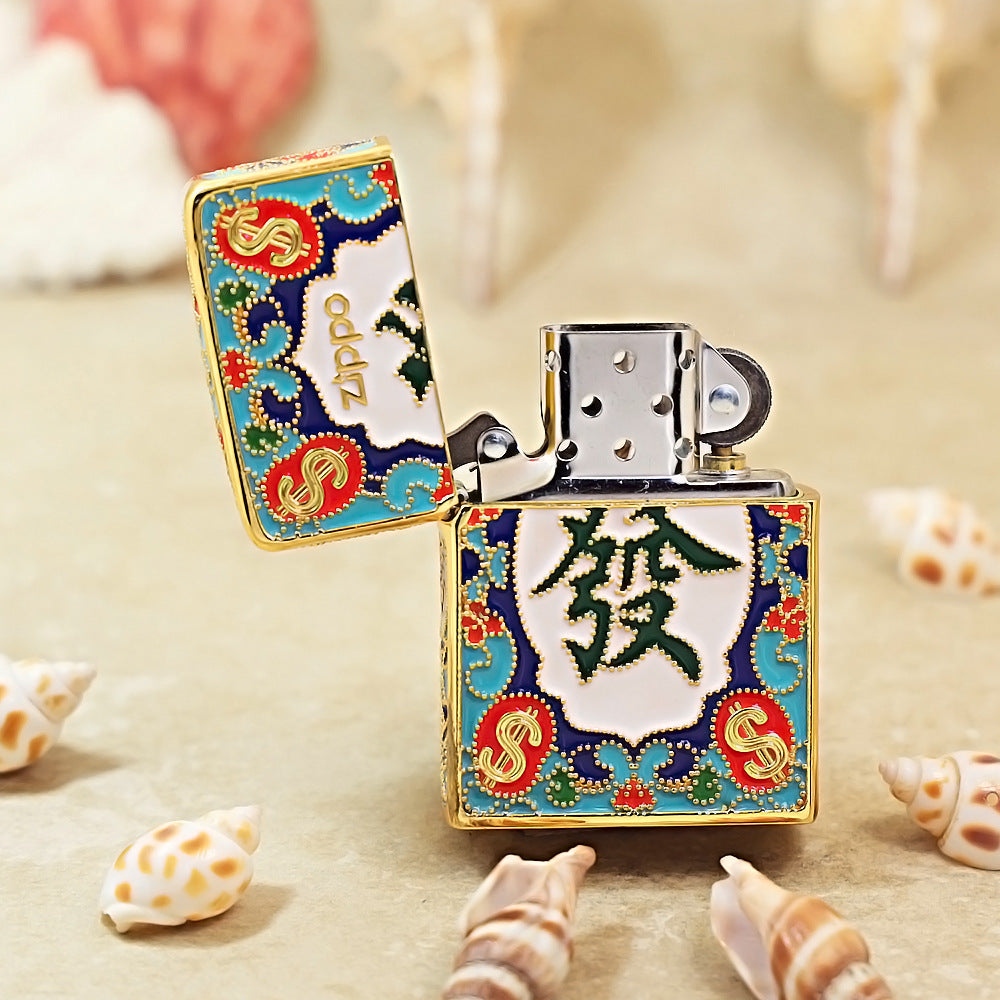Zippo Solid 3d-embossed Gold Enamel Prosperity Mahjong Tile Case - CM22