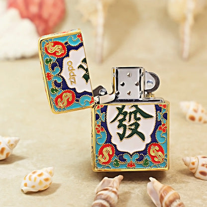 Zippo Solid 3d-embossed Gold Enamel Prosperity Mahjong Tile Case - CM22