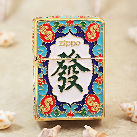 Zippo Solid 3d-embossed Gold Enamel Prosperity Mahjong Tile Case - CM22