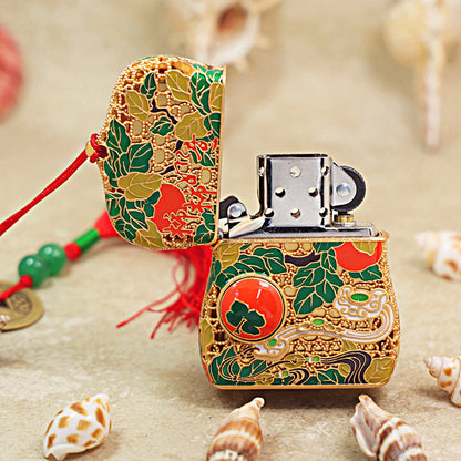 Zippo Solid 3d-embossed Gold Filigree Persimmon Gourd Good Fortune Case Bundle - CM37
