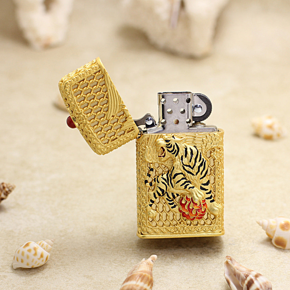 Zippo Solid 3d-embossed Gold Filigree Winged Tiger Case Bundle - CM53
