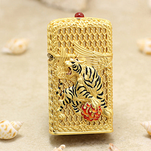 Zippo Solid 3d-embossed Gold Filigree Winged Tiger Case Bundle - CM53