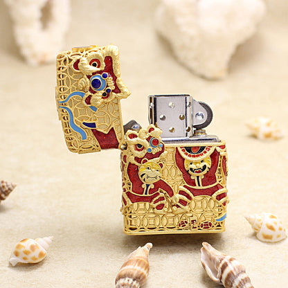 Zippo Solid 3d-embossed Gold Lion Dance and Tiger Zodiac Case Bundle - CM23