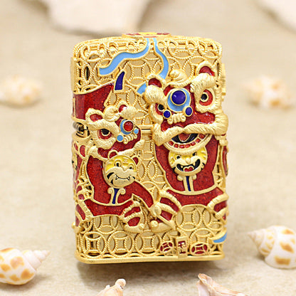 Zippo Solid 3d-embossed Gold Lion Dance and Tiger Zodiac Case Bundle - CM23