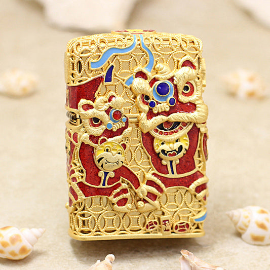 Zippo Solid 3d-embossed Gold Lion Dance and Tiger Zodiac Case Bundle - CM23