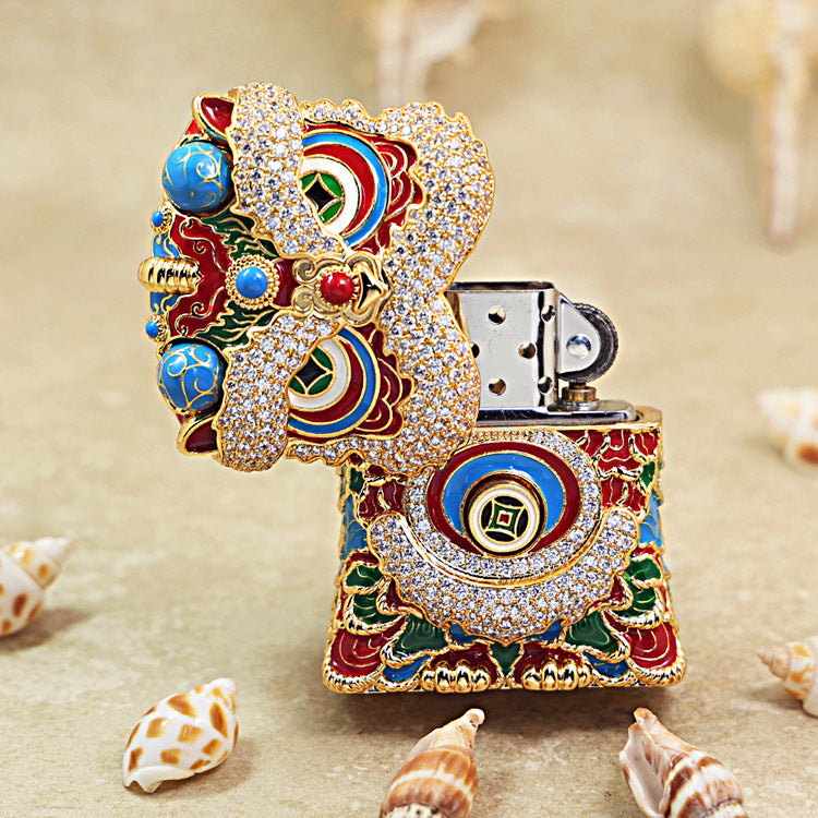 Zippo Solid 3d-embossed Gold and Gemstone Lion Dance Head Case Bundle - CM41