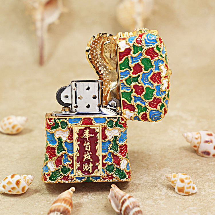 Zippo Solid 3d-embossed Gold and Gemstone Lion Dance Head Case Bundle - CM41