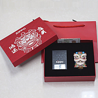 Zippo Solid 3d-embossed Gold and Gemstone Lion Dance Head Case Bundle - CM41