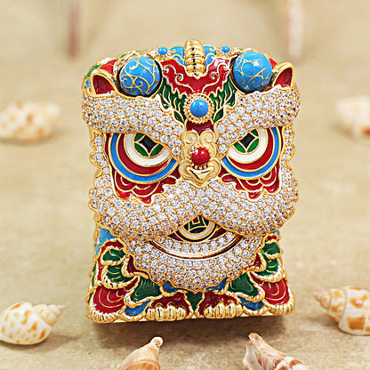 Zippo Solid 3d-embossed Gold and Gemstone Lion Dance Head Case Bundle - CM41