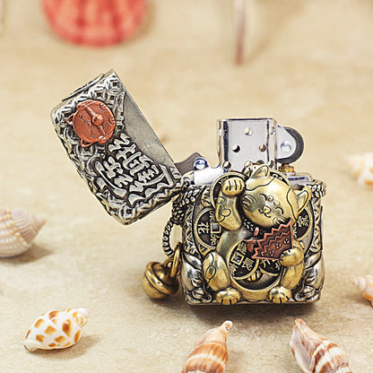 Zippo Solid 3d-embossed Maneki-Neko Lucky Cat Fortune Case Bundle - CM19