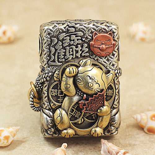 Zippo Solid 3d-embossed Maneki-Neko Lucky Cat Fortune Case Bundle - CM19