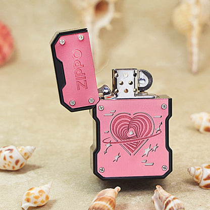 Zippo Solid 3d-embossed Pink Mecha Style Planetary Heart Case Bundle - CM39