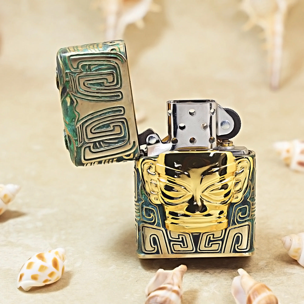 Zippo Solid 3d-embossed Sanxingdui Golden Mask and Bronze Patina Case Bundle - CM25