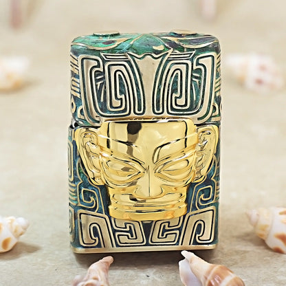 Zippo Solid 3d-embossed Sanxingdui Golden Mask and Bronze Patina Case Bundle - CM25