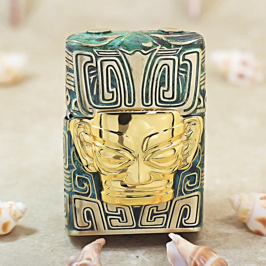 Zippo Solid 3d-embossed Sanxingdui Golden Mask and Bronze Patina Case Bundle - CM25