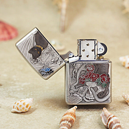 Zippo Solid 3d-embossed Argent Broken Mirror Snake Cat Gothic Case - CM38