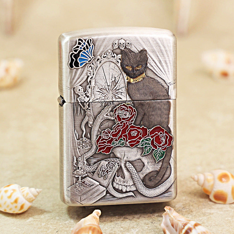 Zippo Solid 3d-embossed Argent Broken Mirror Snake Cat Gothic Case - CM38
