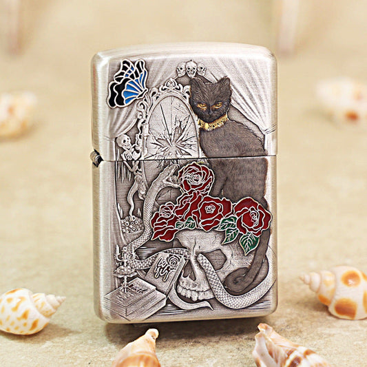 Zippo Solid 3d-embossed Argent Broken Mirror Snake Cat Gothic Case - CM38