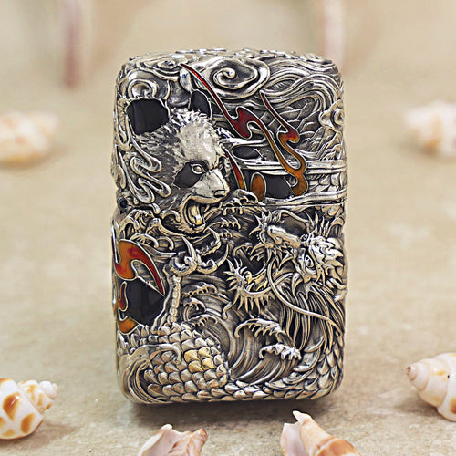 Zippo Solid 3d-embossed Argent Panda and Serpent Battle Case Bundle - CM29