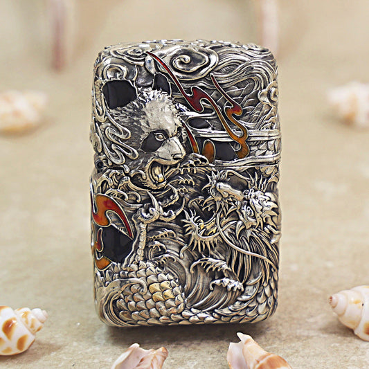 Zippo Solid 3d-embossed Argent Panda and Serpent Battle Case Bundle - CM29