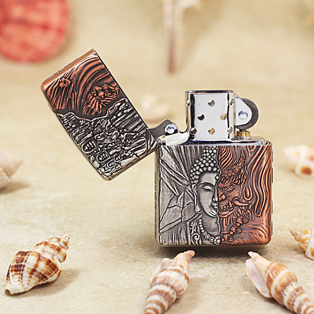 Zippo Solid 3d-embossed Two Finish Shakyamuni and Demon Good vs Evil Case - CM15