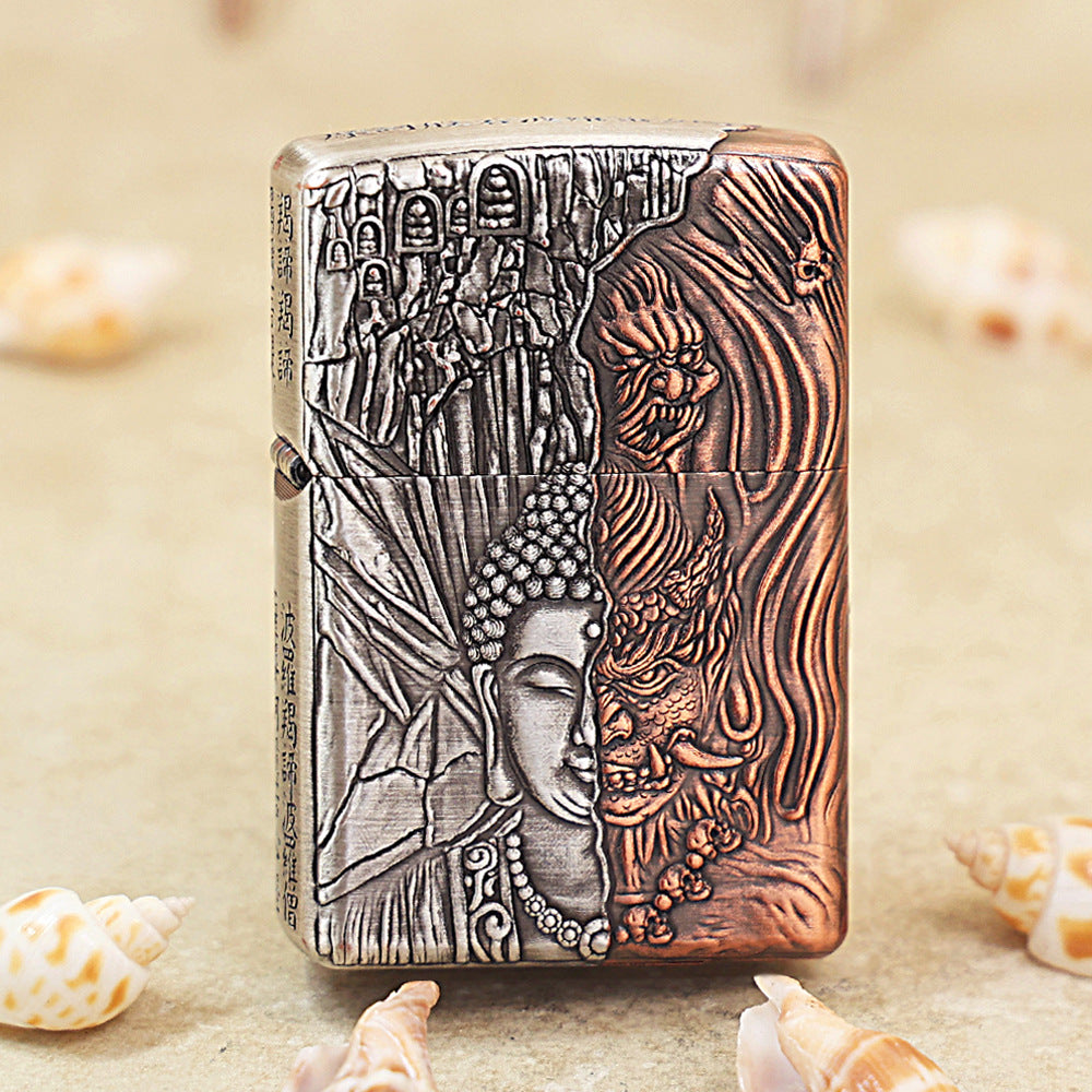 Zippo Solid 3d-embossed Two Finish Shakyamuni and Demon Good vs Evil Case - CM15