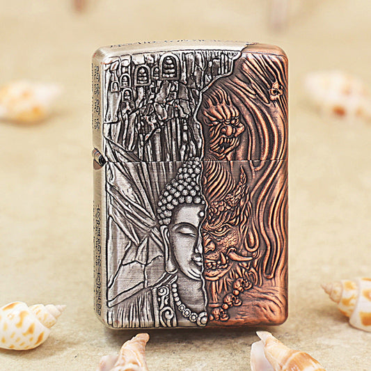 Zippo Solid 3d-embossed Two Finish Shakyamuni and Demon Good vs Evil Case - CM15