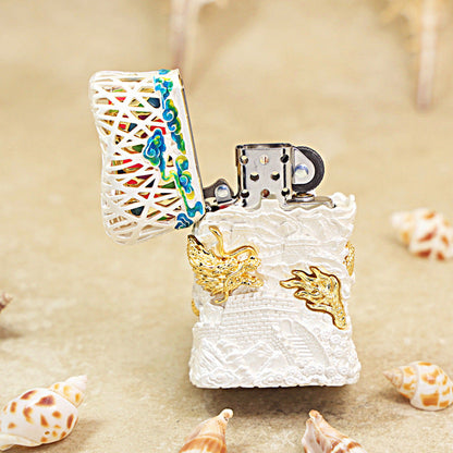 Zippo Solid 3d-embossed White Great Wall and Gold Serpent Case Bundle - CM42