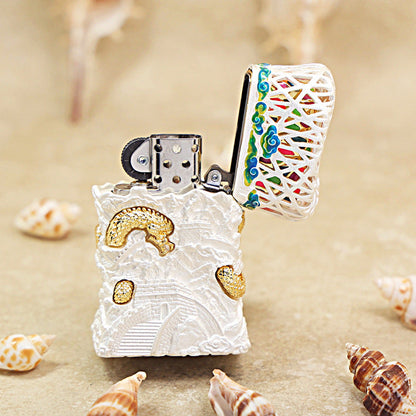 Zippo Solid 3d-embossed White Great Wall and Gold Serpent Case Bundle - CM42