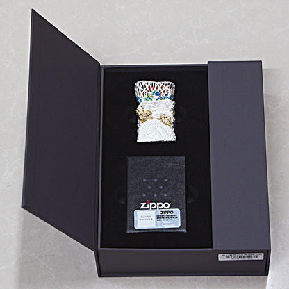 Zippo Solid 3d-embossed White Great Wall and Gold Serpent Case Bundle - CM42