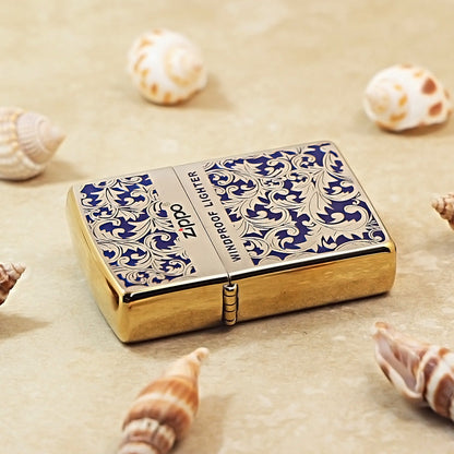 Zippo Premium Shine Bronze Blue Hue Filled Arabesque Scroll - CS05