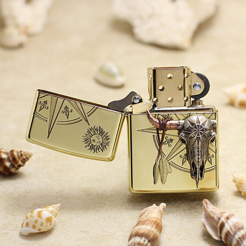 Zippo Premium Shine Bronze Bull Skull Compass Medallion - CC125