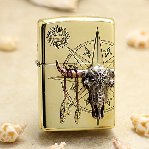 Zippo Premium Shine Bronze Bull Skull Compass Medallion - CC125