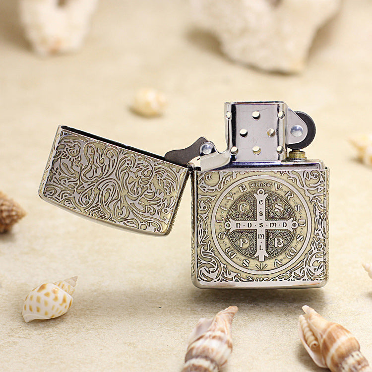 Zippo Premium Shine Bronze Intricate Engraved Saint Benedict Crucifix and Angel - SC05