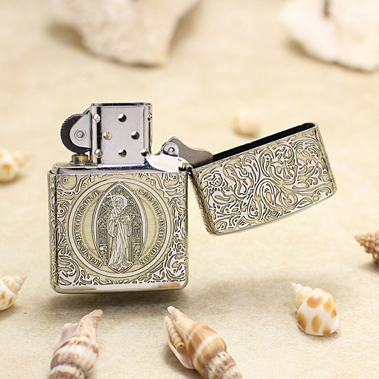Zippo Premium Shine Bronze Intricate Engraved Saint Benedict Crucifix and Angel - SC05