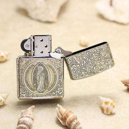 Zippo Premium Shine Bronze Intricate Engraved Saint Benedict Crucifix and Angel - SC05