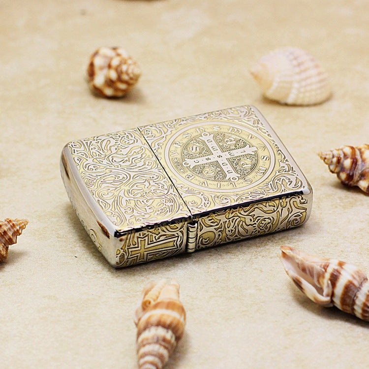 Zippo Premium Shine Bronze Intricate Engraved Saint Benedict Crucifix and Angel - SC05