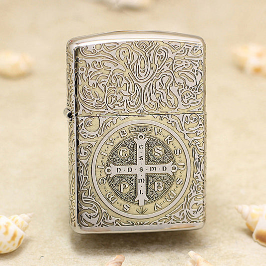 Zippo Premium Shine Bronze Intricate Engraved Saint Benedict Crucifix and Angel - SC05