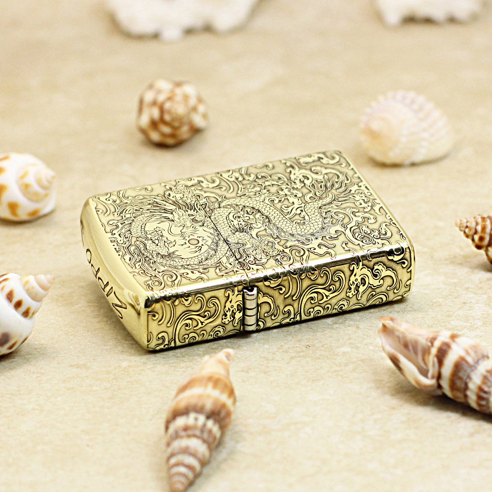 Zippo Premium Shine Bronze Intricate Chiseled Flying Serpent in Sky - CC163