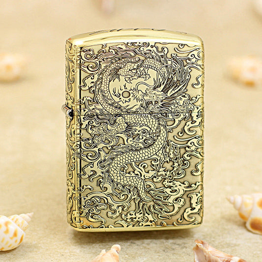 Zippo Premium Shine Bronze Intricate Chiseled Flying Serpent in Sky - CC163