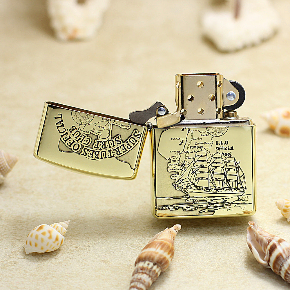 Zippo Premium Shine Bronze Chiseled Nautical Map Sailing Ship - CC146