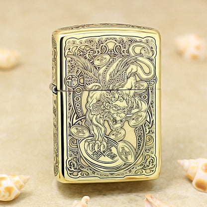 Zippo Premium Shine Bronze Chiseled Pixiu Lion and Ancient Coins - CC162